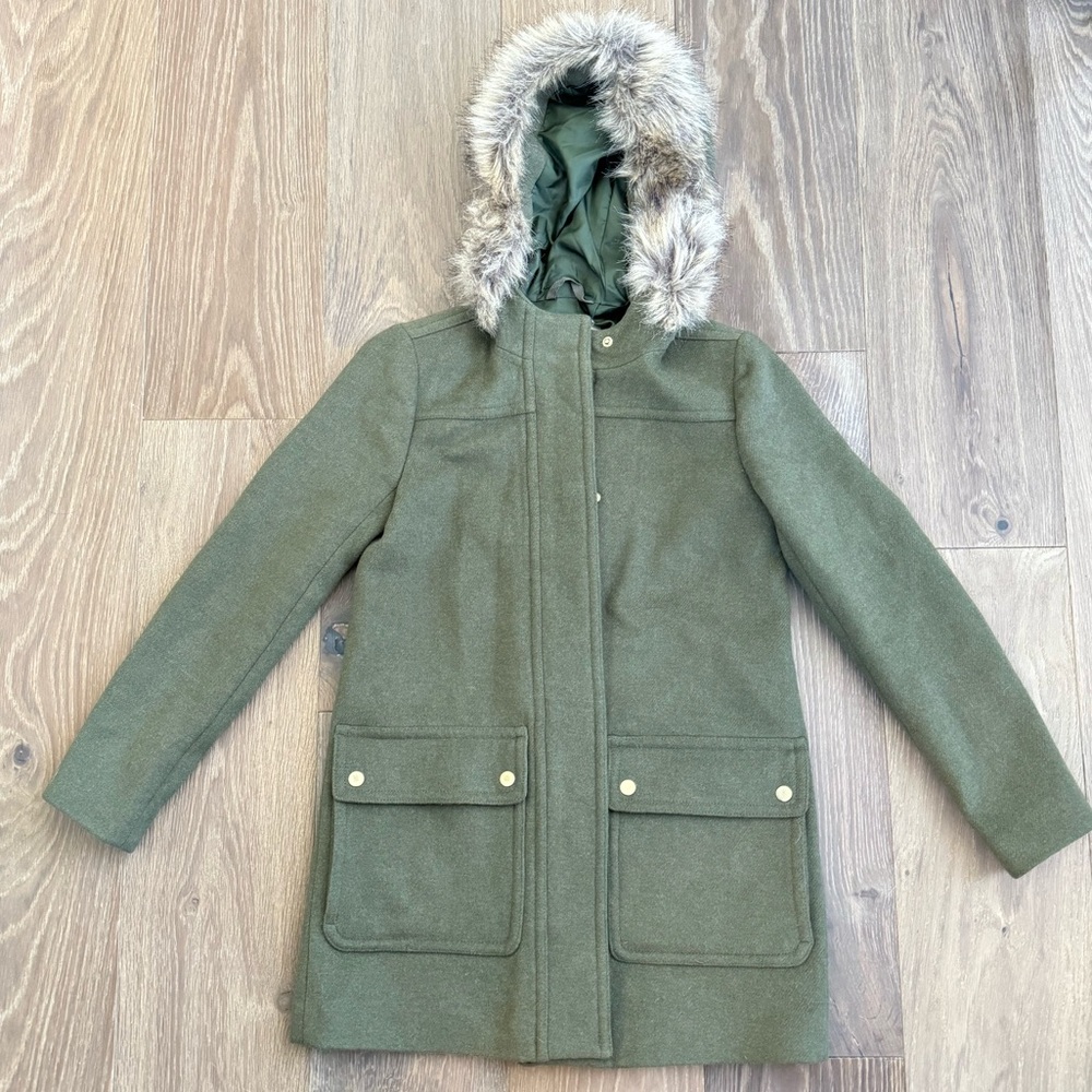 J Crew Wool City Coat with Faux Fur Hood RARE